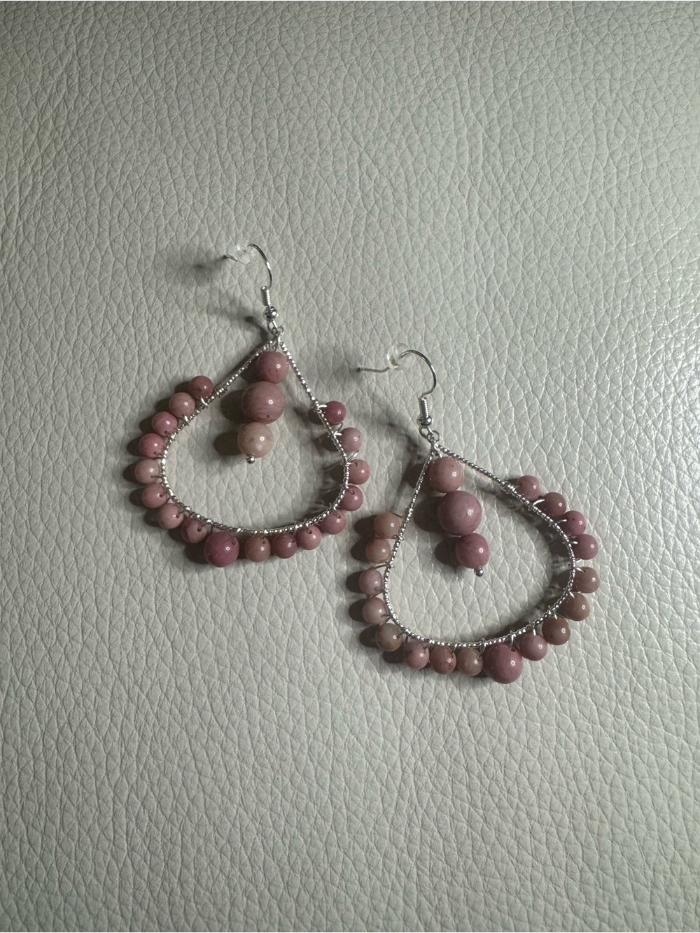 Pink Rhodonite Beaded Teardrop Dangle Earrings with Silver Frame